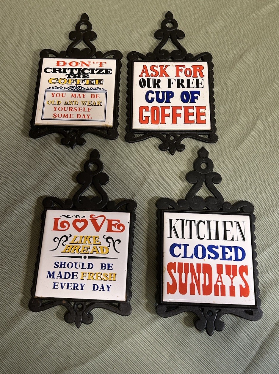 Interpur Kitchen Trivets Set of 4 1970\'s Wrot Iron & Tile  Catchy Phrases VTG MC
