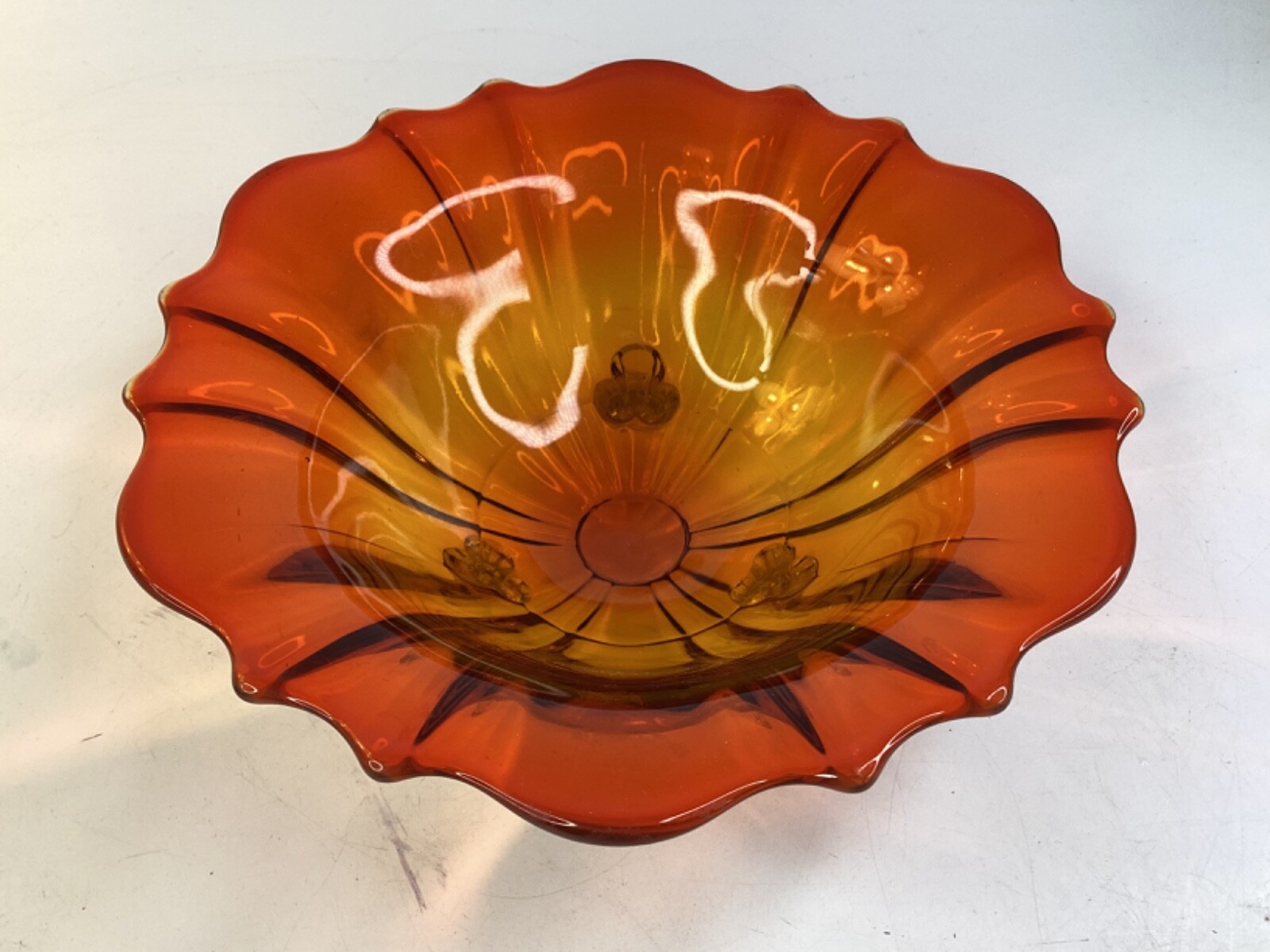 Vintage 1948-50 Blenko Art Glass 9” Amberina Bowl MCM Orange glass (G2)