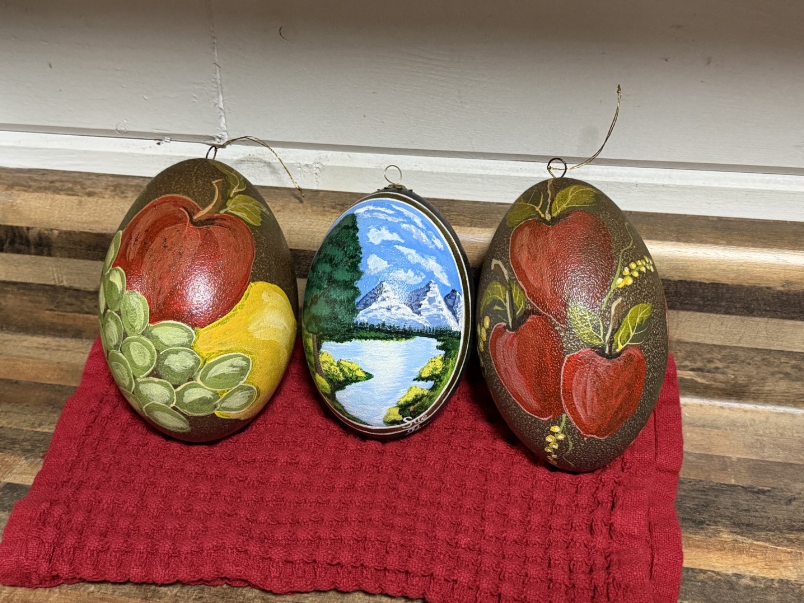 Vintage Hand Painted Real Emu Egg Ornaments Set of 3 Fruit Landscape Signed 1992 Vintage Hand Painted Real Emu Egg Ornaments Set of 3 Fruit Landscape Signed 1992