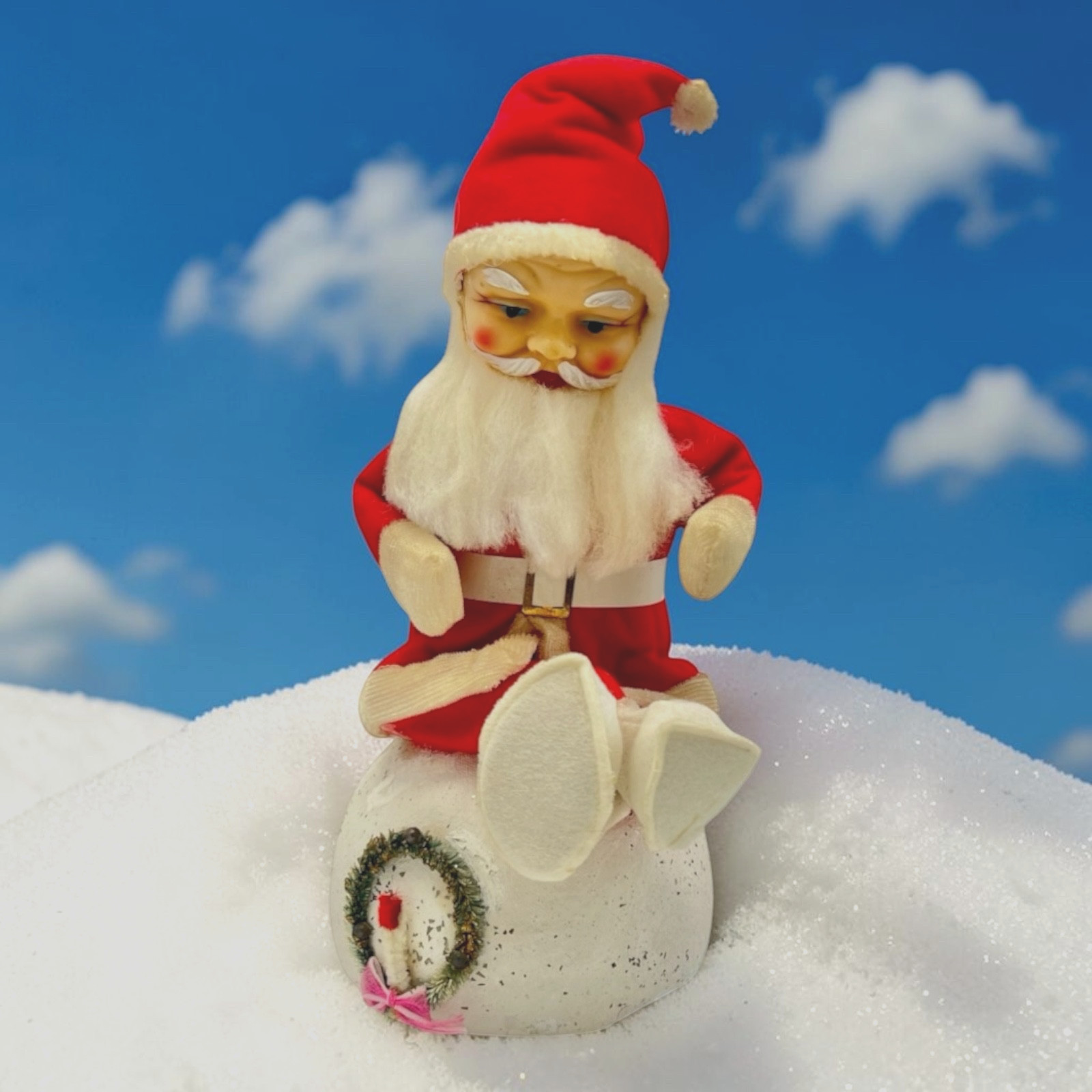 Vintage Christmas Santa Claus Red Felt Figure Sitting Paper Mache Snowball JAPAN