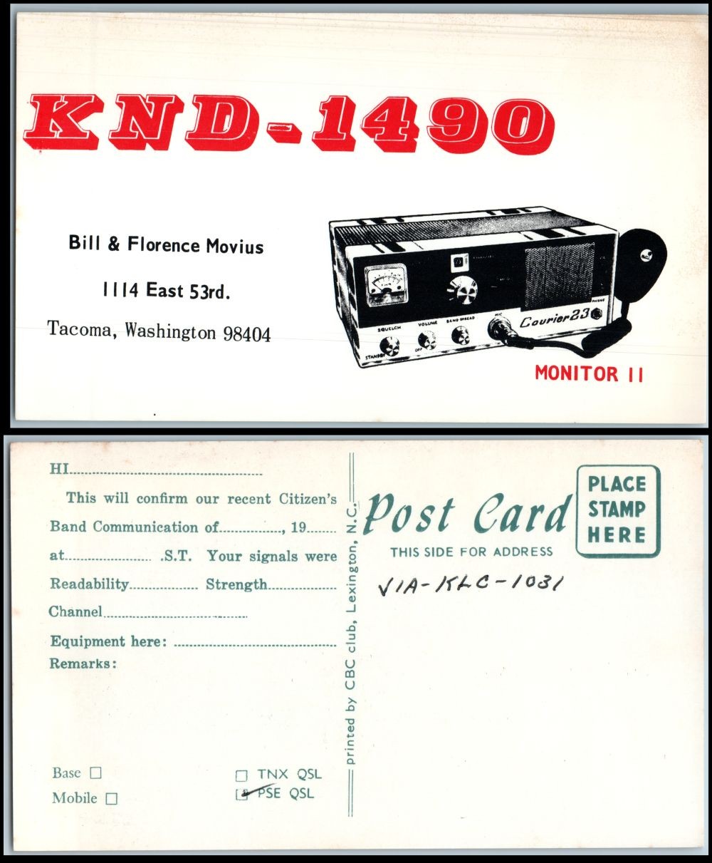 Tacoma Washington QSL postcard KND-1490 Bill Florence Movius Courier 23 radio