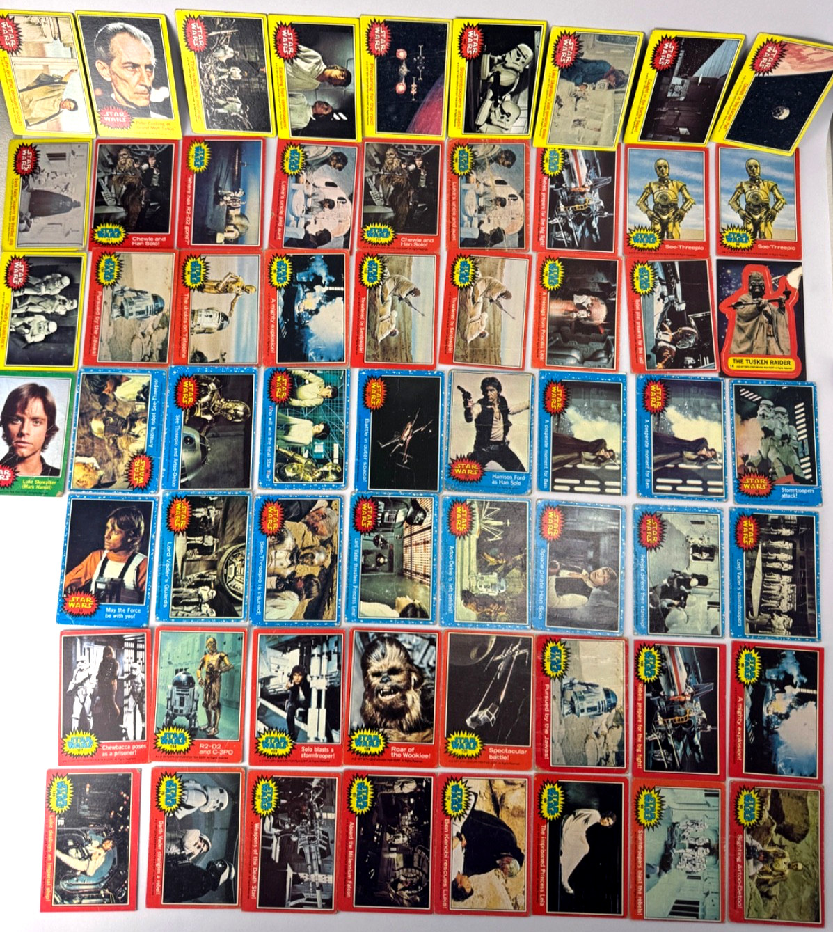 1977 Topps Star Wars  Blue Yellow Green Red Series Lot of 60 Low Grade Cards
