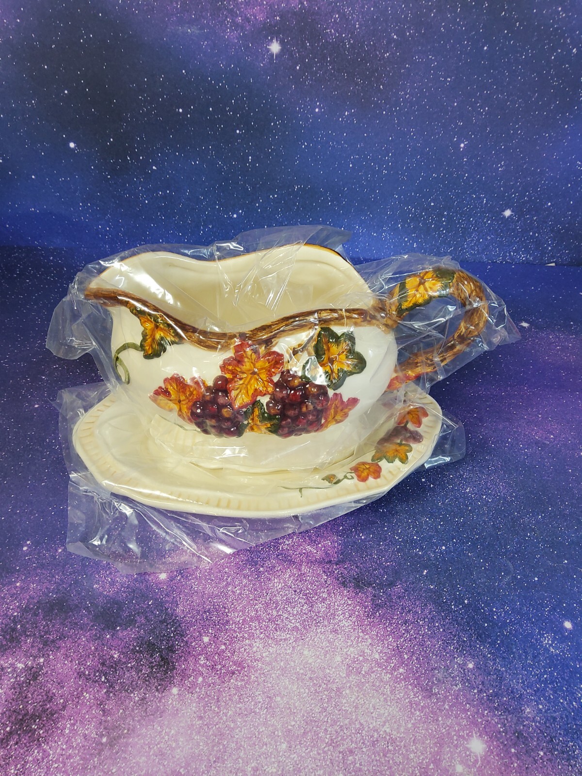 International Bazaar Harvest Gravy Boat, Ceramic fall leaves and grapes