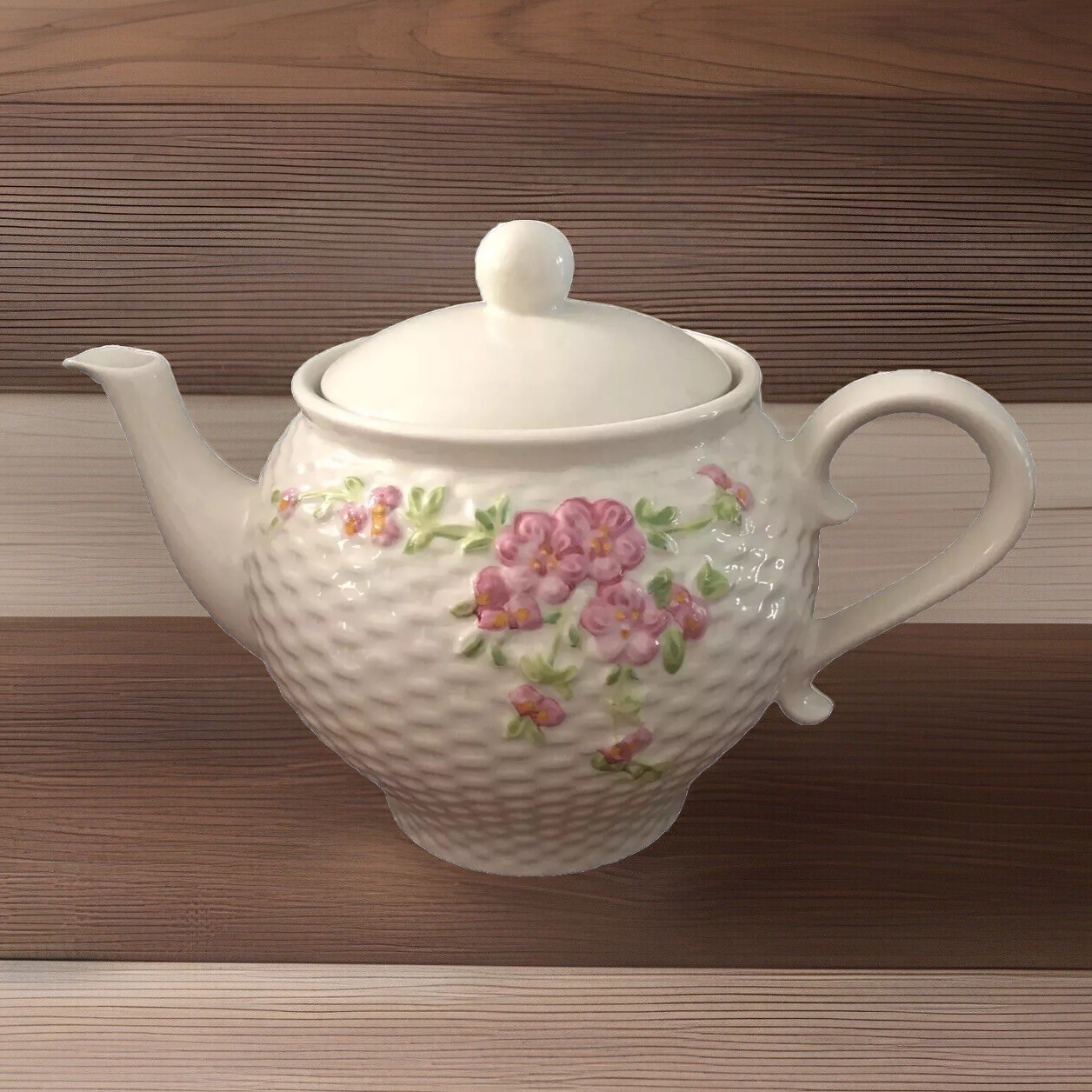 Vintage A Teleflora Gift TeaPot Basket Weave Texture Pink Flowers 1985 Japan