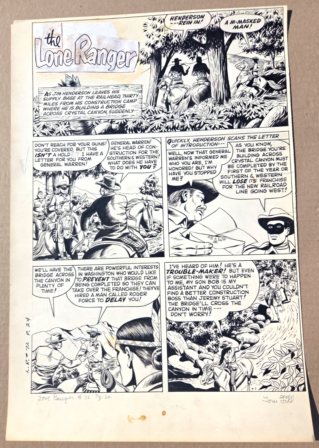 The Lone Ranger #72 Original Art Title Page 1954 Tom Gill Signed Dell Golden Age