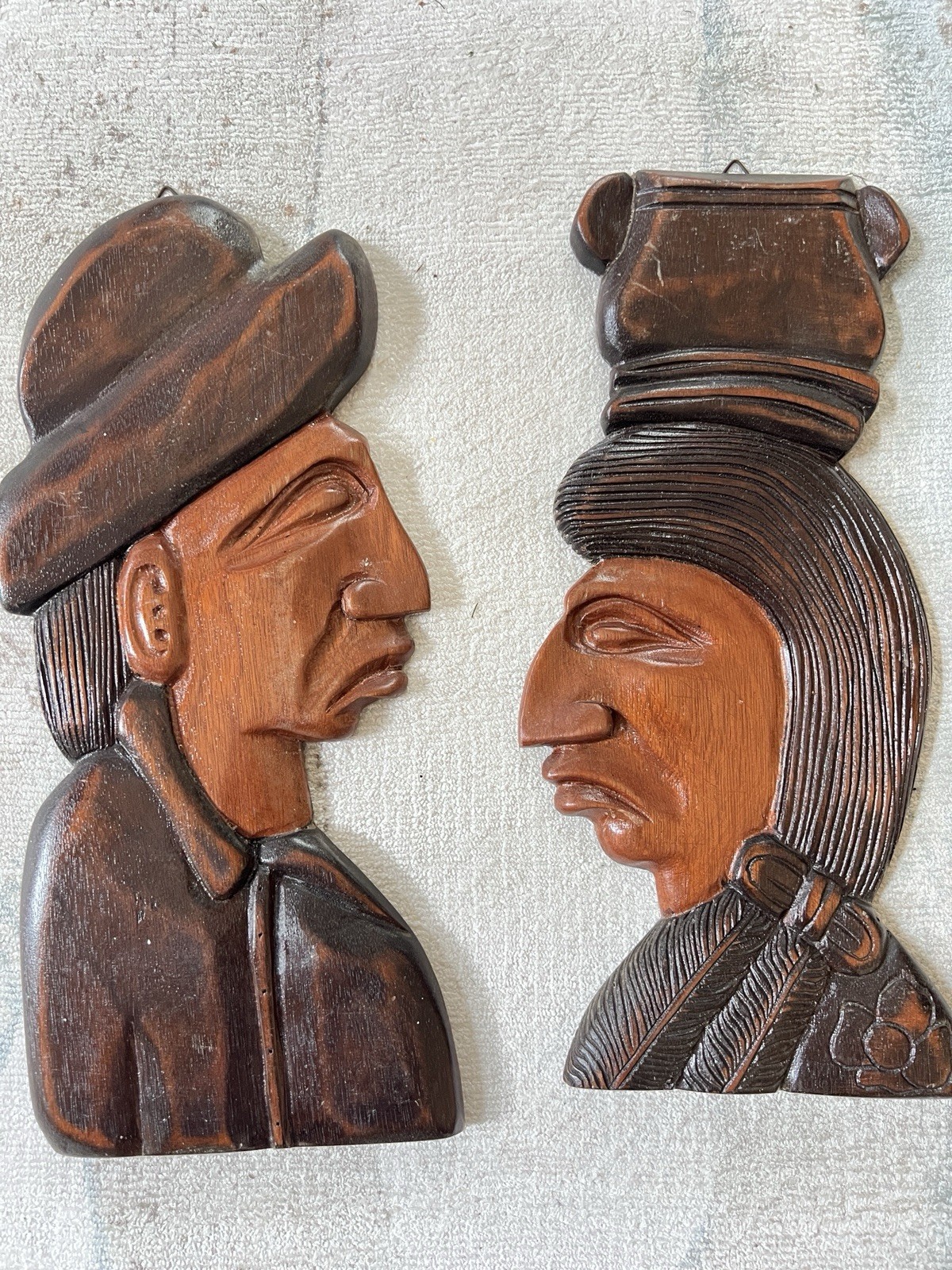  Vintage Honduras Hand Carved Wood Wall Plaques Pair Man Woman Profile Folk Art