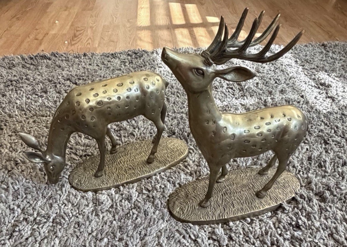 Brass Deer (2) Vtg Mid Century Modern Spotted Buck & Doe Reindeer Christmas 12”
