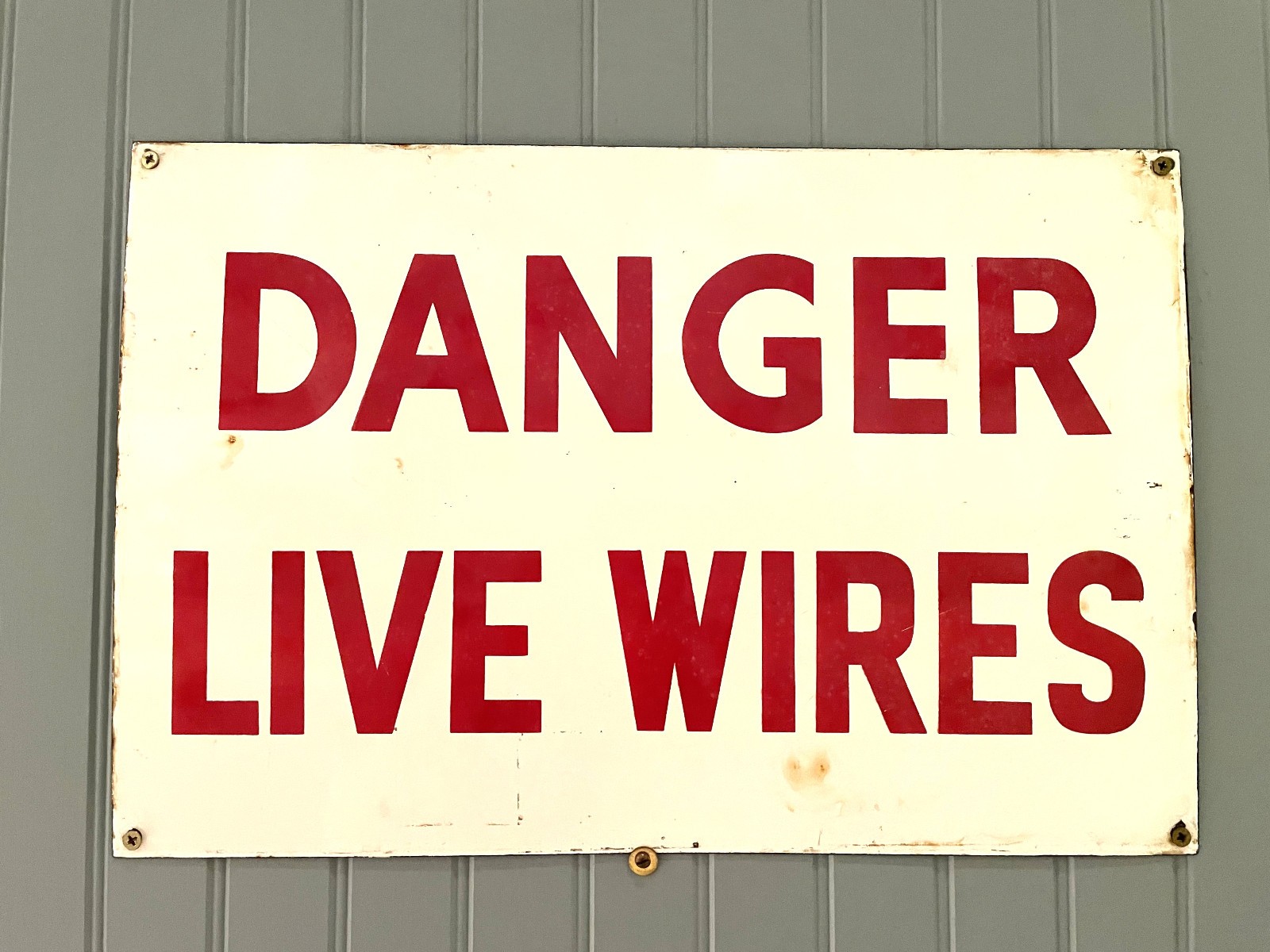 Vintage DANGER LIVE WIRES Enamel / Porcelain Steel Sign 12