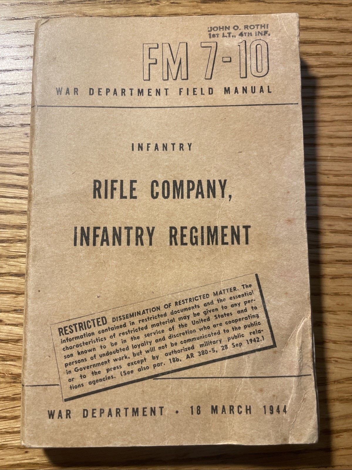 March 18, 1944: War Department FM 7-10 Rifle Company, Rifle Regiment (bad Cover)