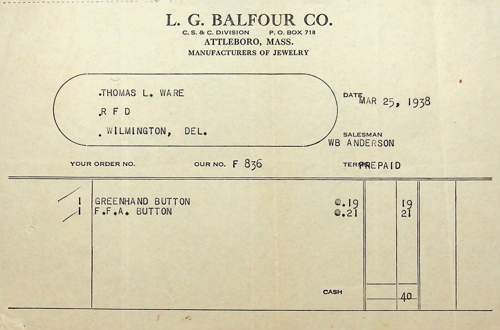 1938 RARE L.G. BALFOUR INVOICE FOR 40 CENTS - E14-A