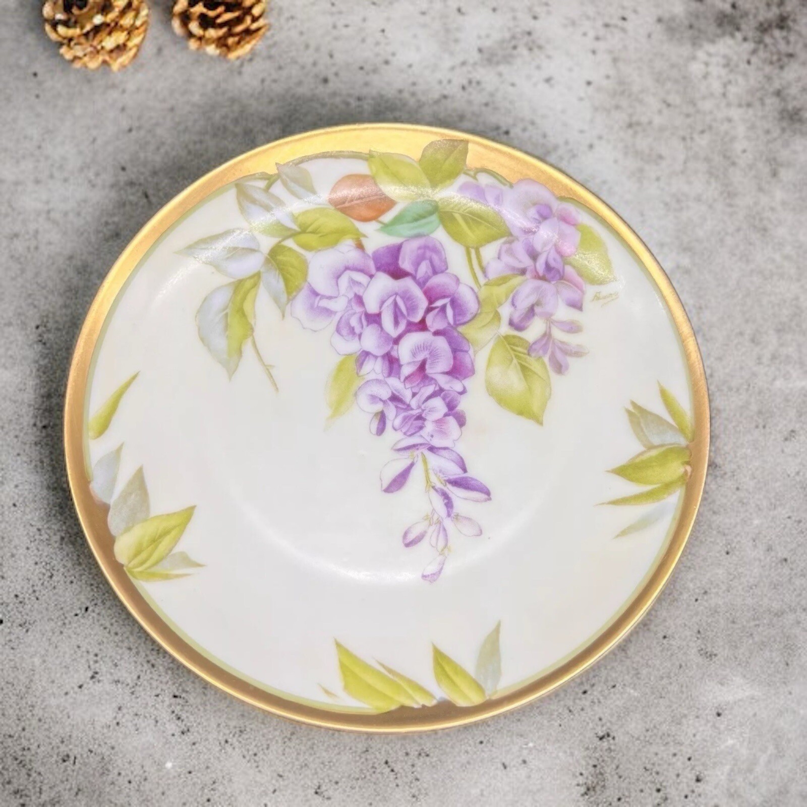 Vintage PNT BAVARIA Hand Painted Heavy Gold Plate W Purple Flowers Signed 8.5\