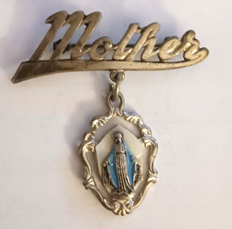 Antique Catholic Religious Saint Mary Mother Brooch Blue Lapel Pin Gift Italy