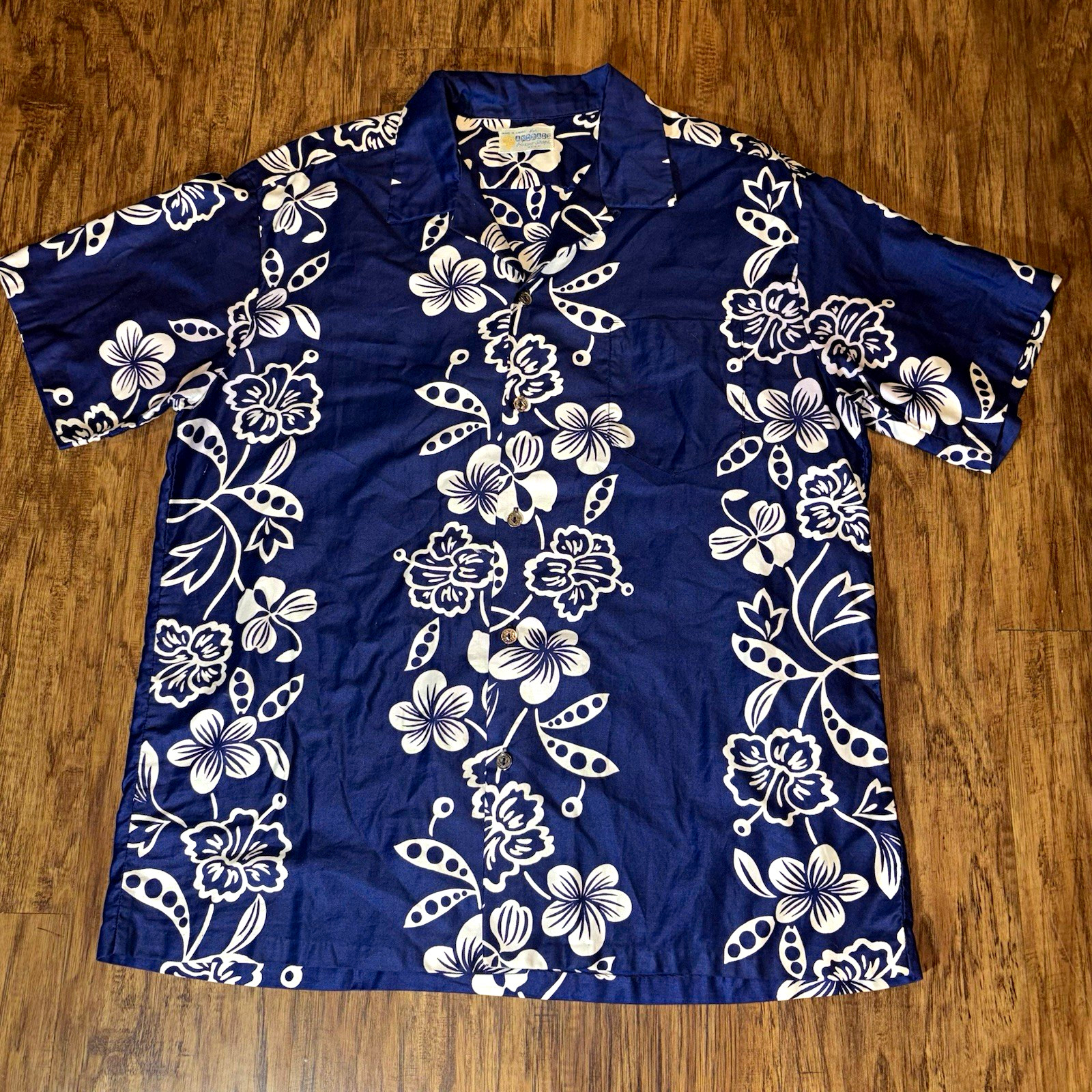 Vintage 60s 70s Andrade Waikiki Hawaiian Shirt Loop Collar Metal Buttons L