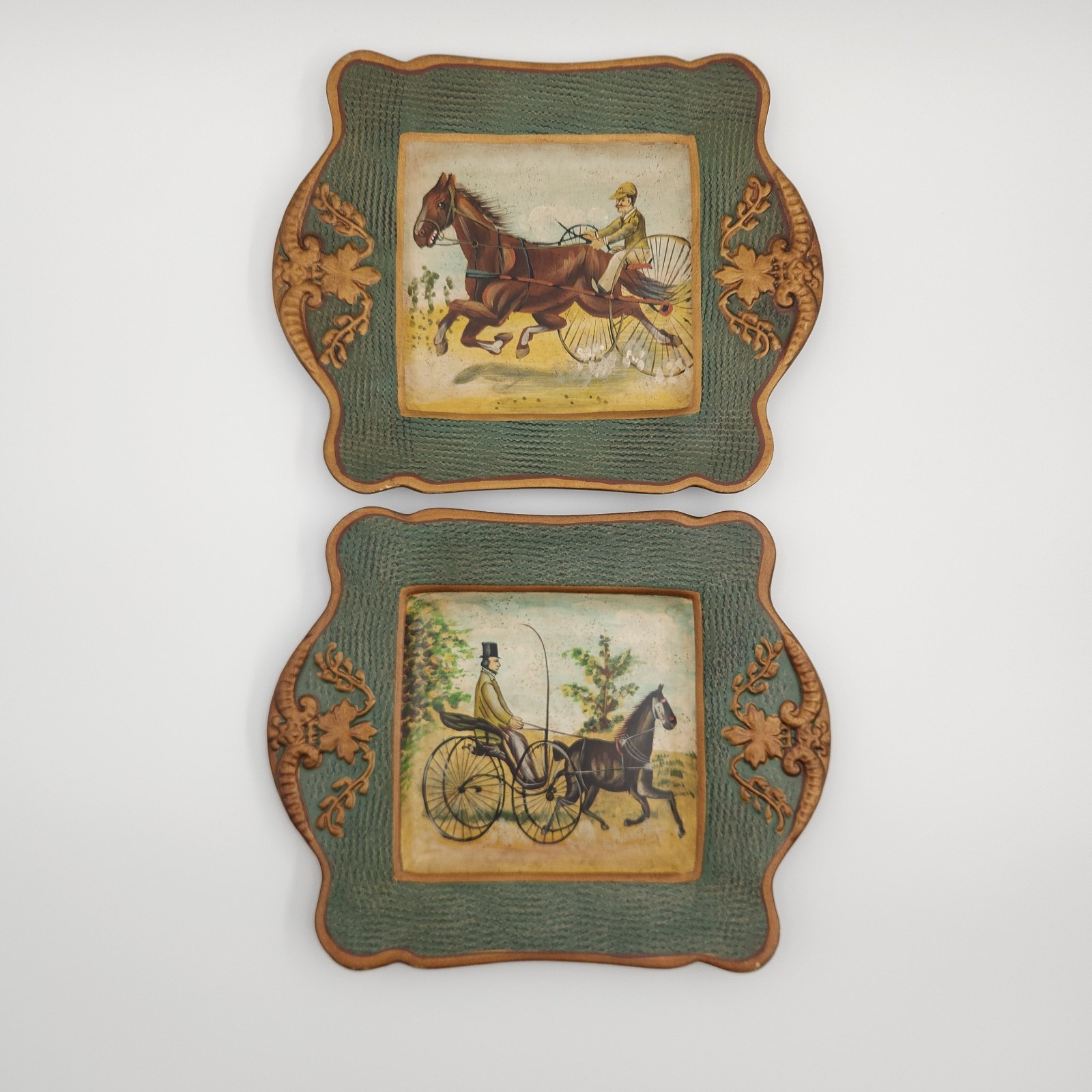 Raymond Waites Decorative Display Plates (2) Green Gold Horse Racing 8\