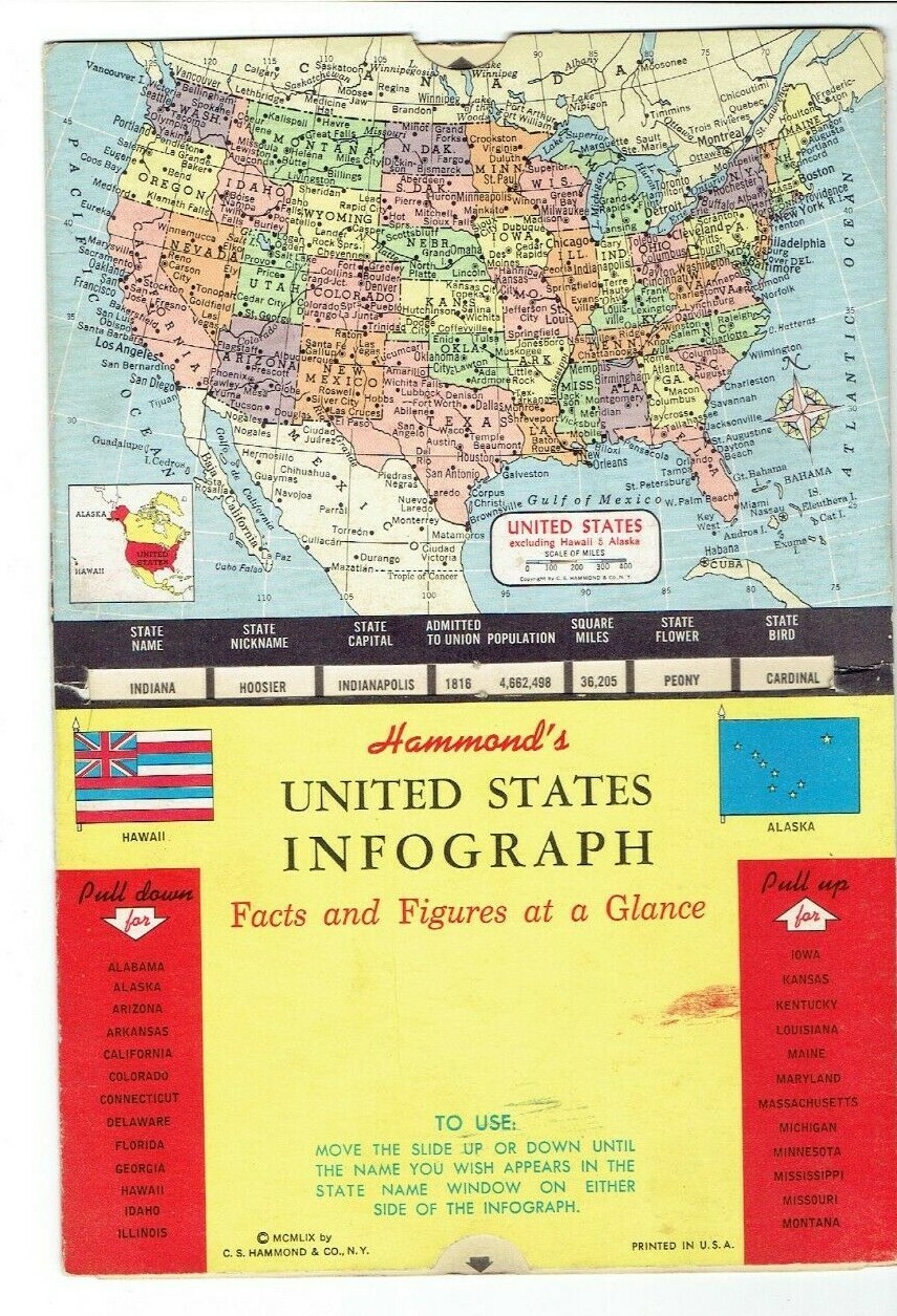 Vintage Hammond's United States Infograph 1959 State Capitals Flowers Birds 