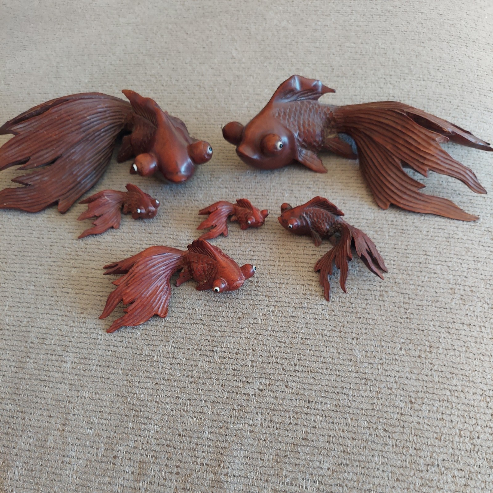6 VTG Asian Cherrywood Hand Carved  Bubble Eye Goldfish Koi 