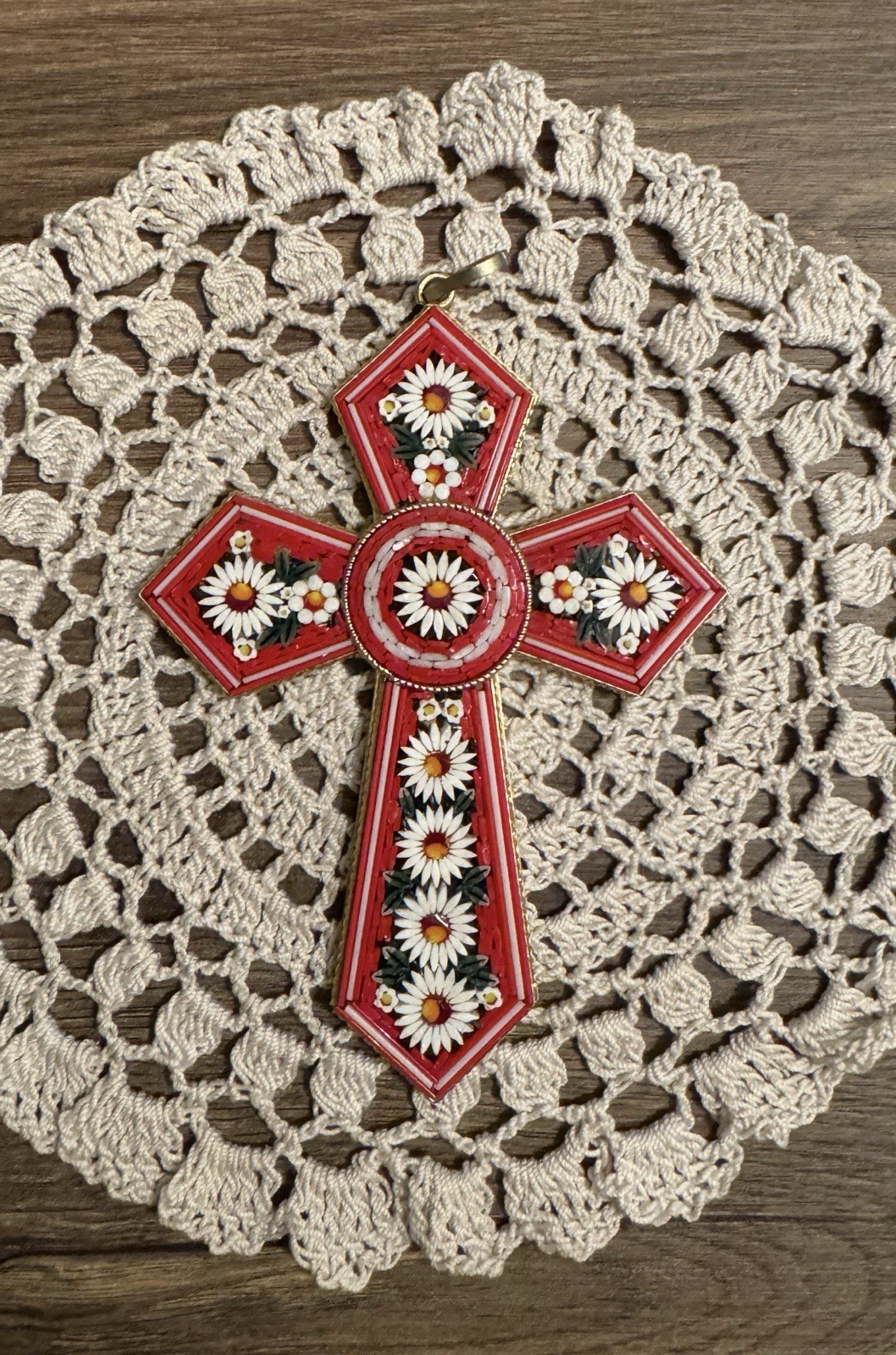 Huge Vintage Filippini & Paoletti Italian Micro Mosaic Cross Pendant 5\
