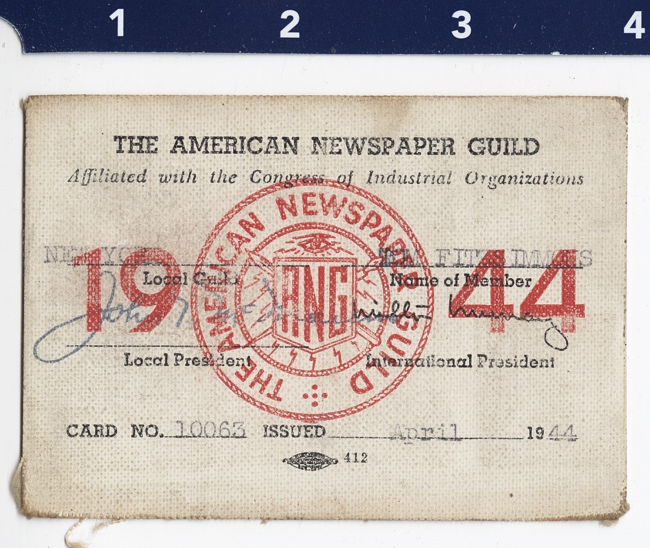 1944 American Newspaper Guild Member Card of Photographer Thomas Fitzsimmons