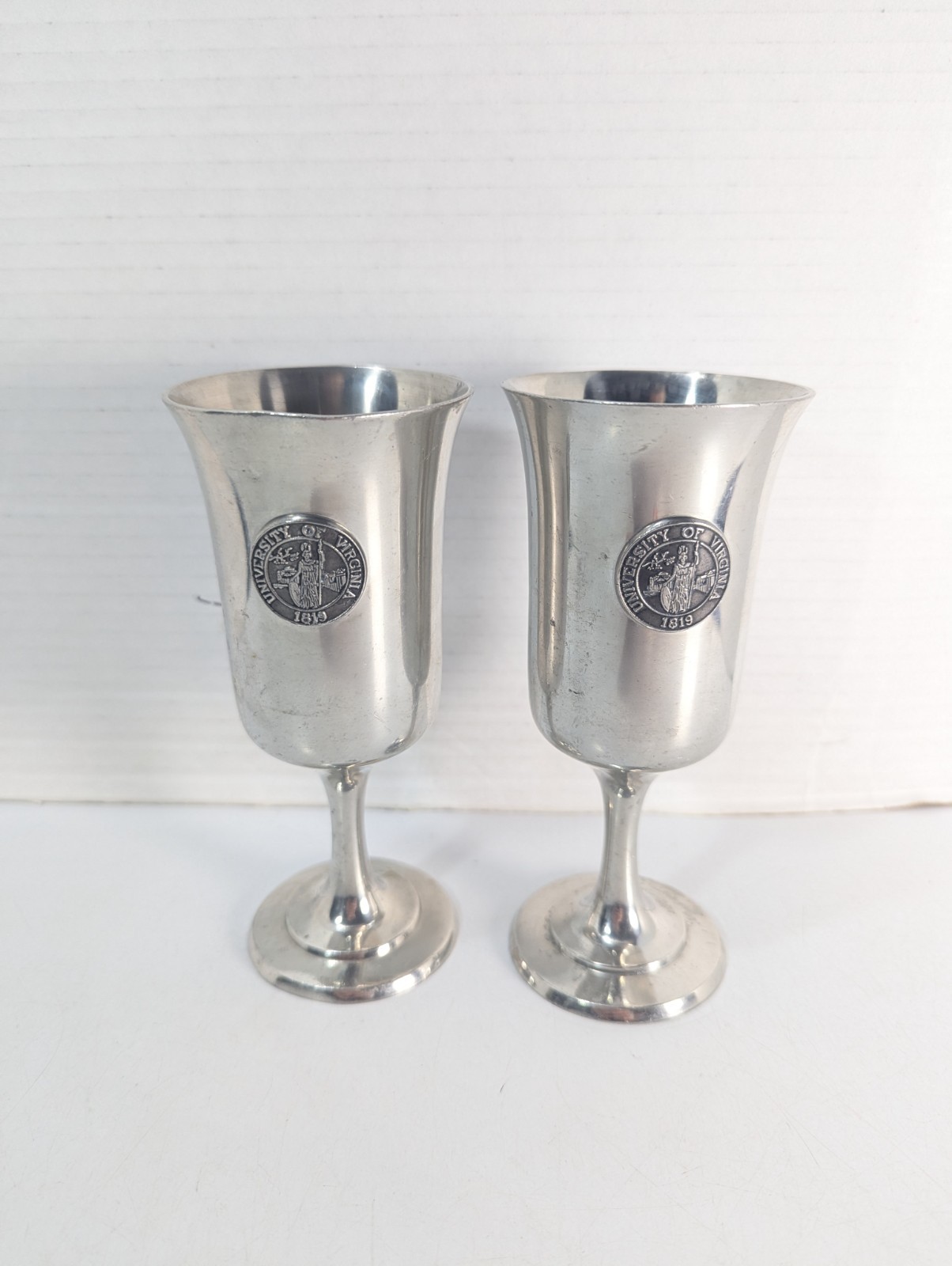 Pair of 2 Vintage University of Virginia Pewter Goblets Chalices Cup w/ UVA Seal