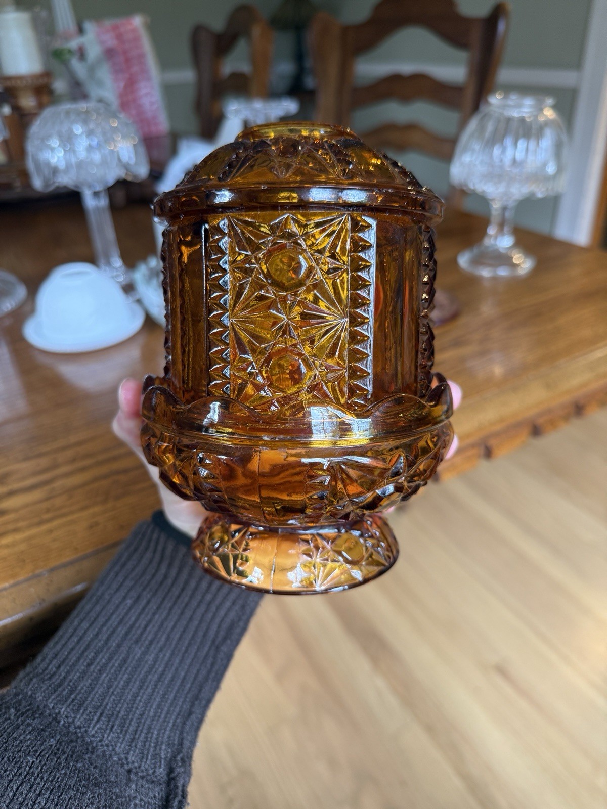 Vintage Amber Glass Fairy Lamp Covered Candle Light Stars and Bars Style 2 Piece