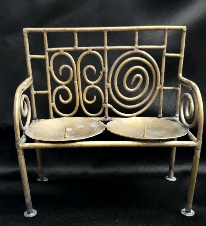 Vintage 1998 Design Junction Brass Bench Dual Candle Holder Art Deco Boho India