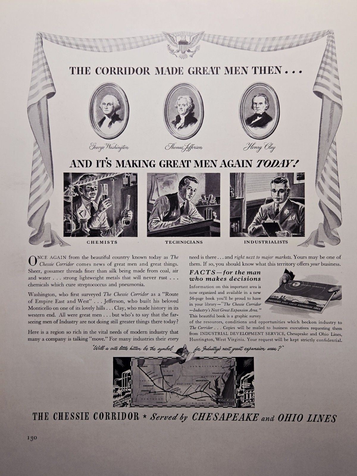 1941 Chesapeake and Ohio Lines Railroad Print Ad - Washington Jefferson Clay