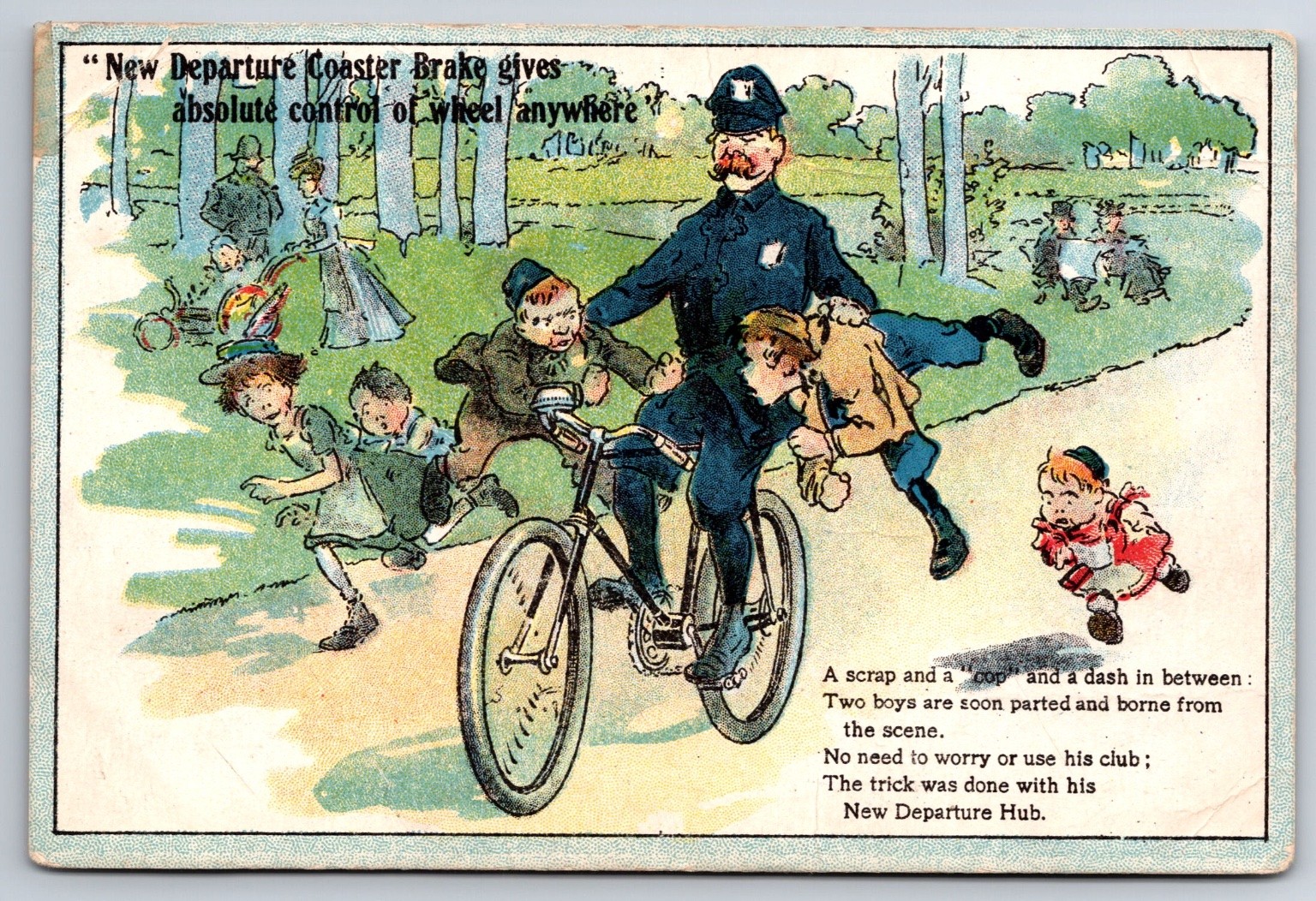 New Departure Coaster Brake Bicycle Policeman Kids Humor Advertising Postcard