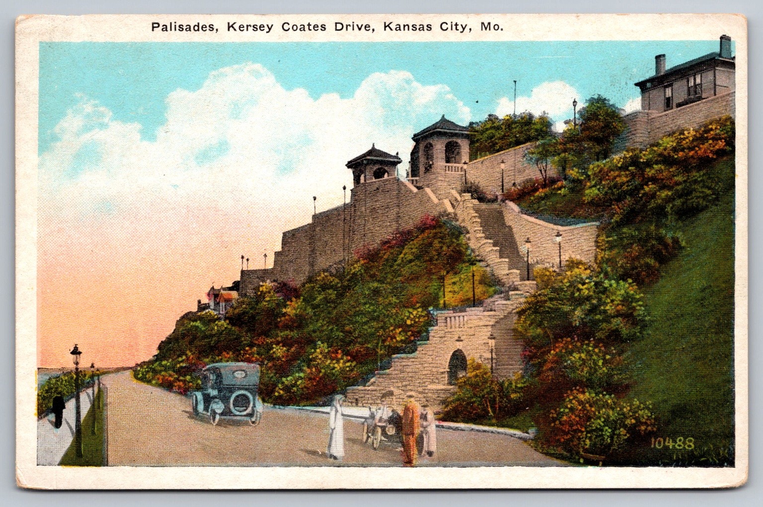 Palisades Kersey Coates Drive Kansas City MO Linen Postcard c1930s Car