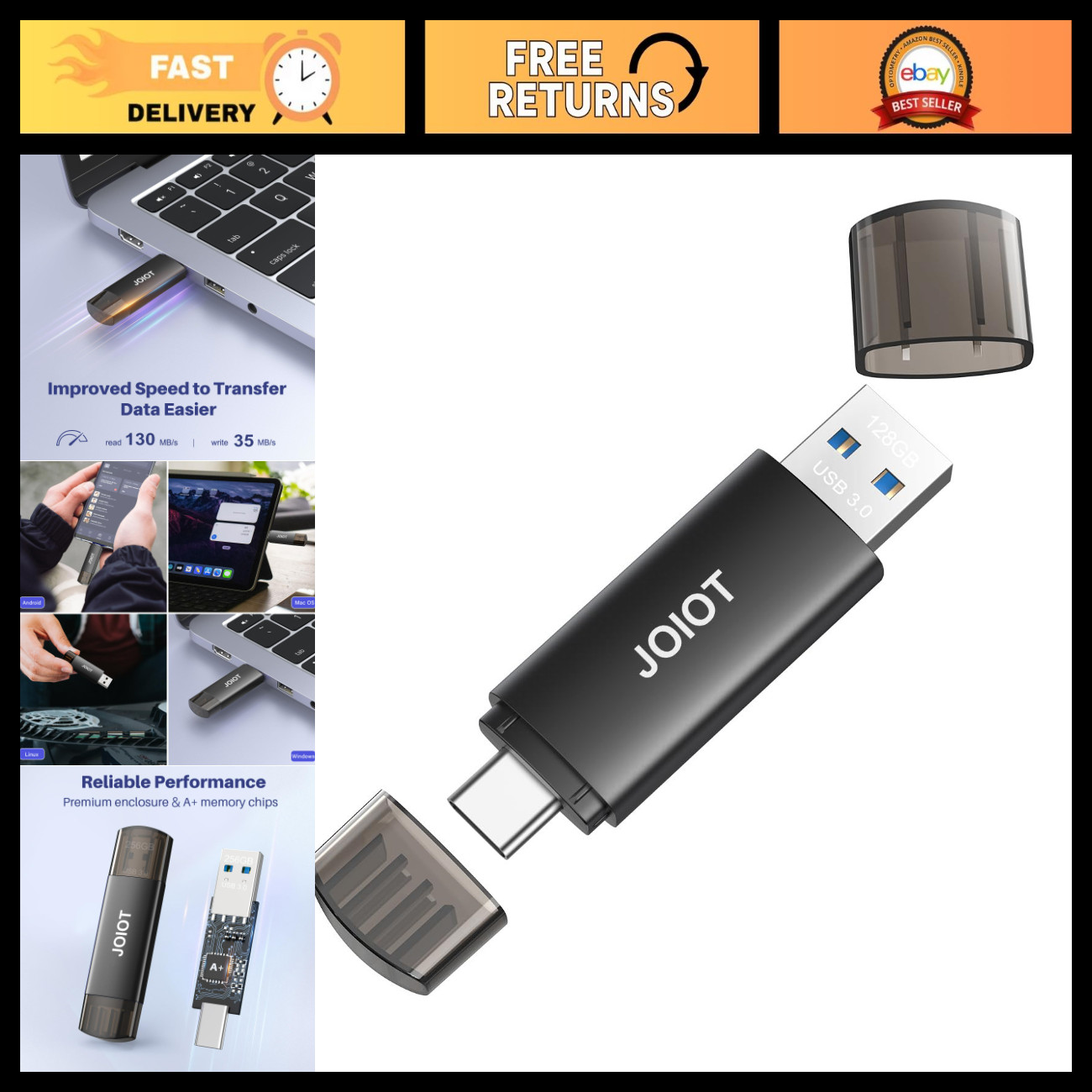 JOIOT 128GB USB C Flash Drive Dual USB 3.0 Flash Drive Type C + USB A Portable T