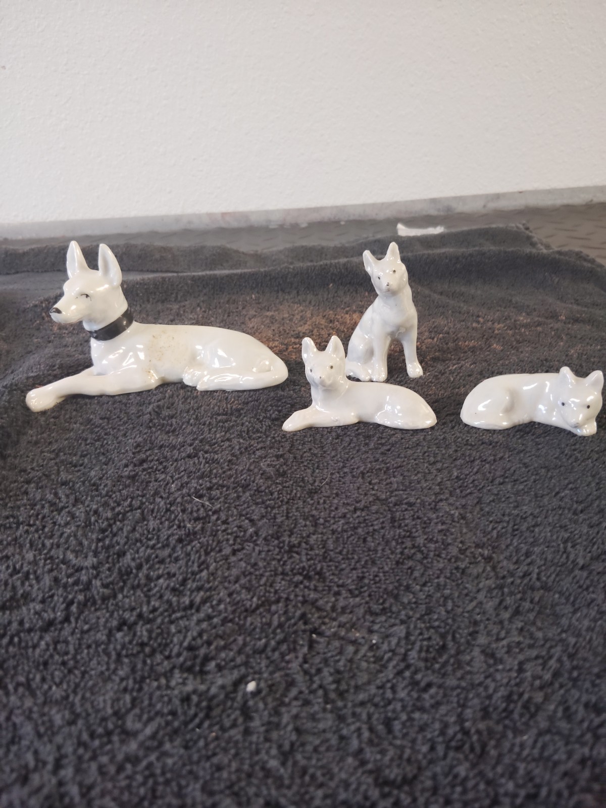 4 Vintage White Lusterware  Dog Figurines Shepherd Mother & Pups. Japan