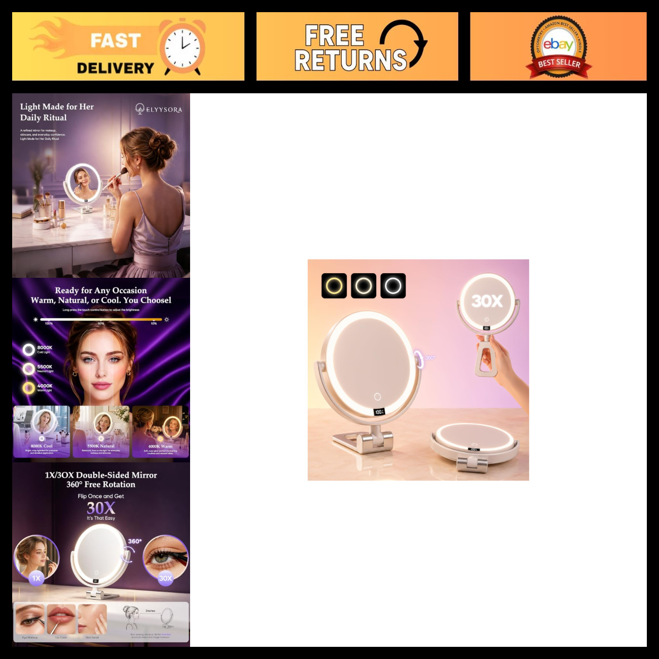 1X/30X Makeup Mirror with Lights, Rechargeable Magnifying Mirror
