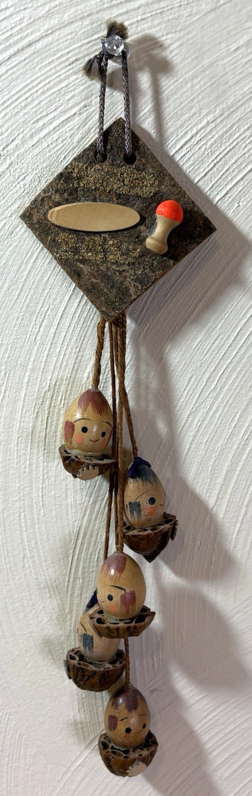 Vintage Japanese Hakone Gora Wall Hanging Wood & Nut Shell Folk Art Rare Decor