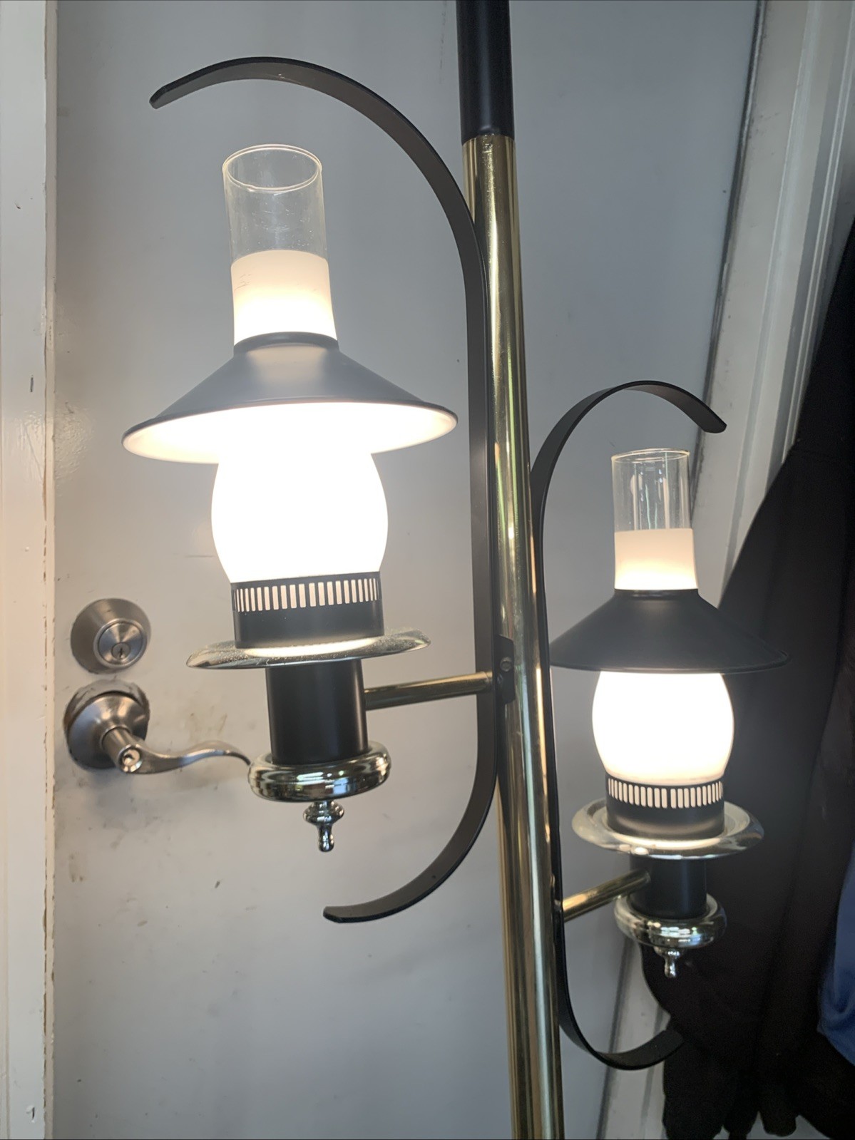 Vintage 1970’s Black & Brass 2 Light Tension Pole Lamp
