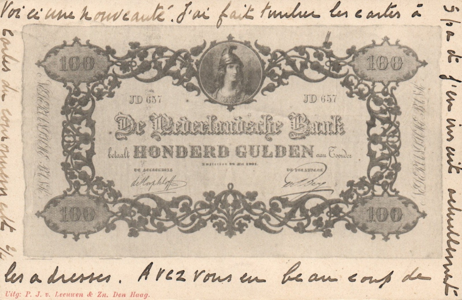 Vintage Dutch 100 Gulden Money Postcard 1901 Banknote The Hague to Paris 1902