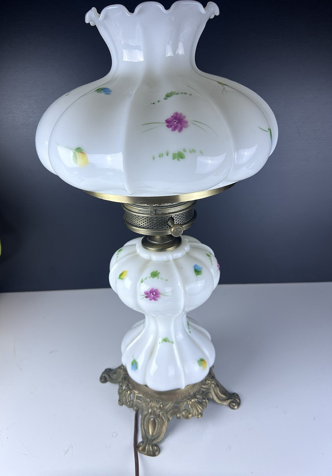 Vintage GWTW Milk Glass Table Lamp Hand Painted Floral Brass Base Hurricane