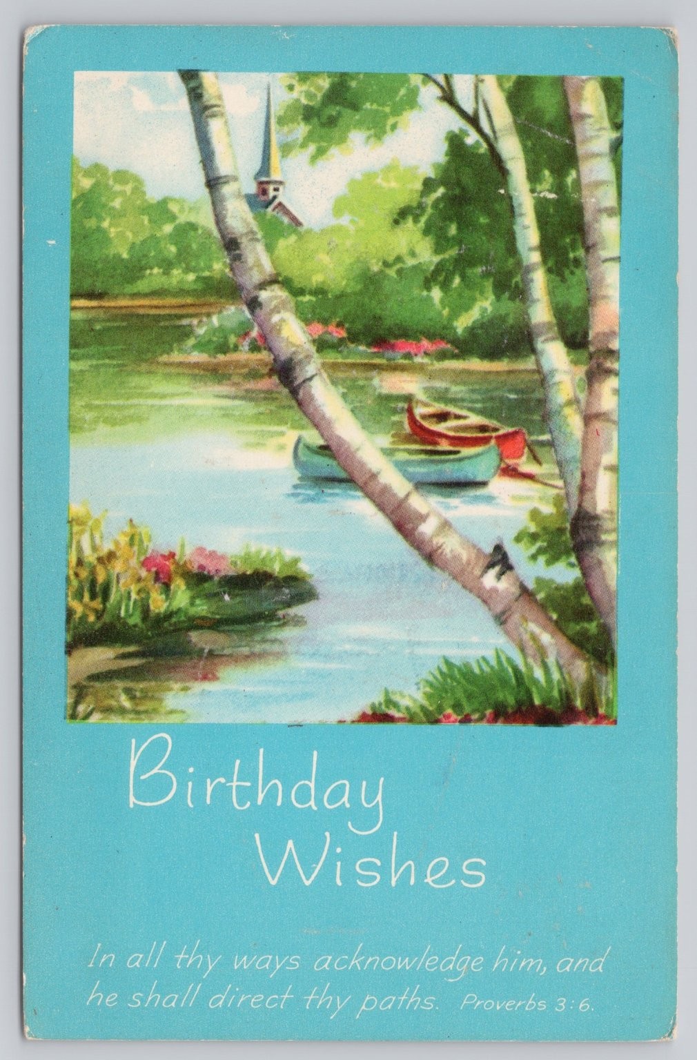 Vintage Birthday Wishes Postcard Birch Trees Lake Canoes Church Flushing MI