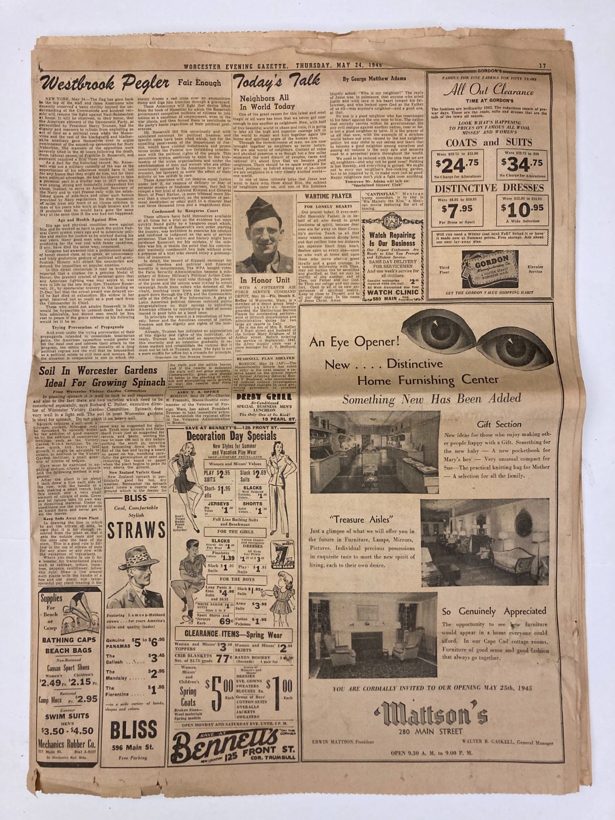 May 24 1945 Worcester Gazette WWII Vintage Newspaper with Comics & Ads May 24 1945 Worcester Gazette WWII Vintage Newspaper with Comics & Ads
