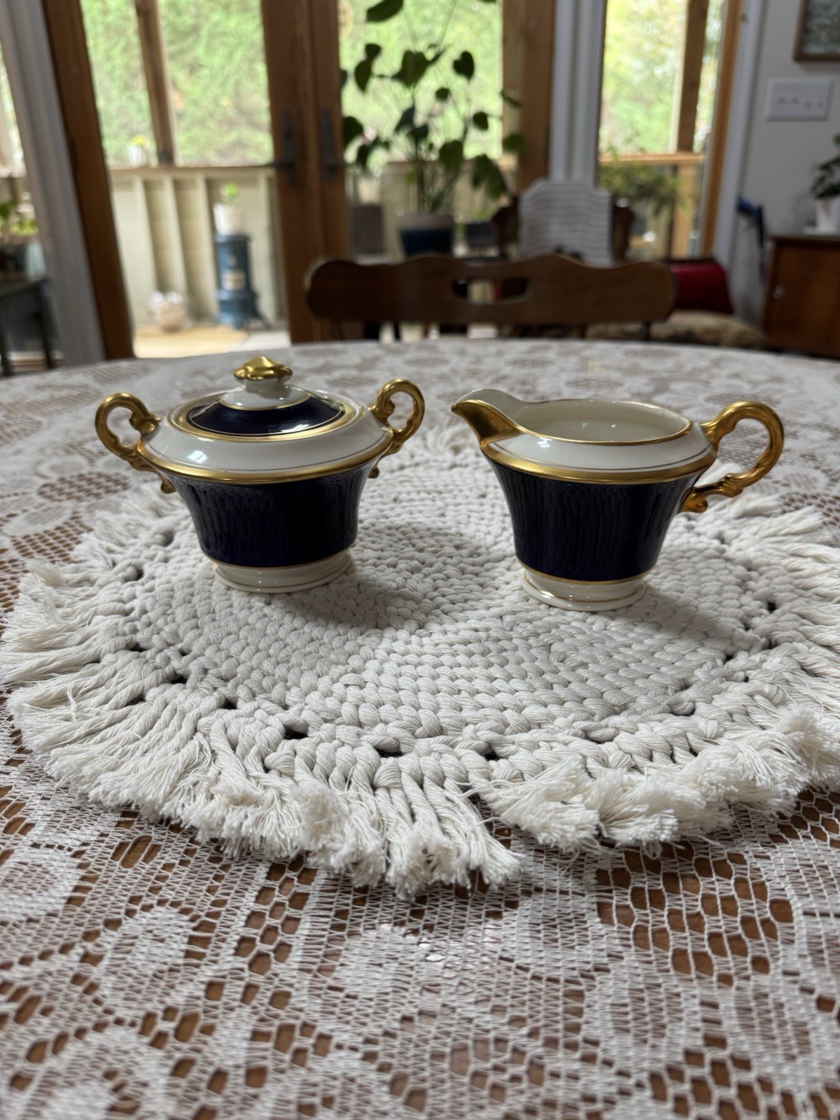 Vintage Syracuse China Queen Anne Old Ivory Cobalt Blue Sugar Bowl And Creamer