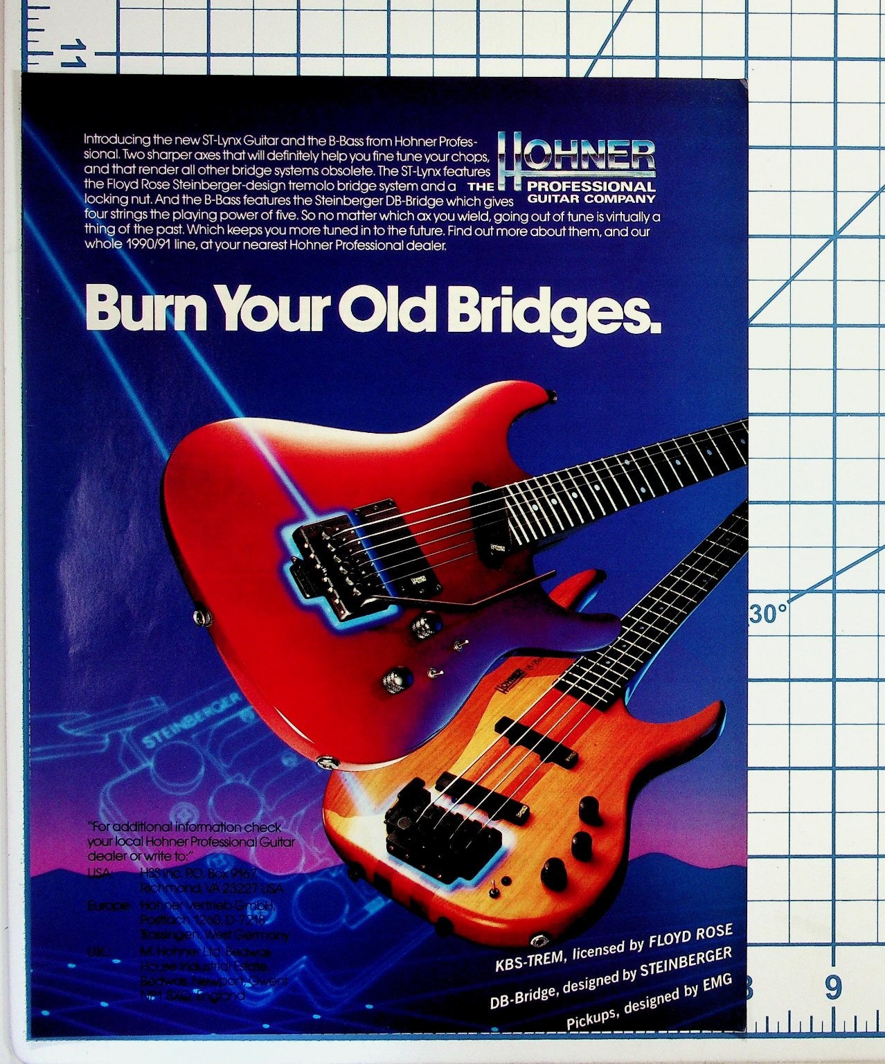Vintage 1990 Hohner ST-Lynx Guitar B-Bass Ad Floyd Rose Steinberger EMG Music