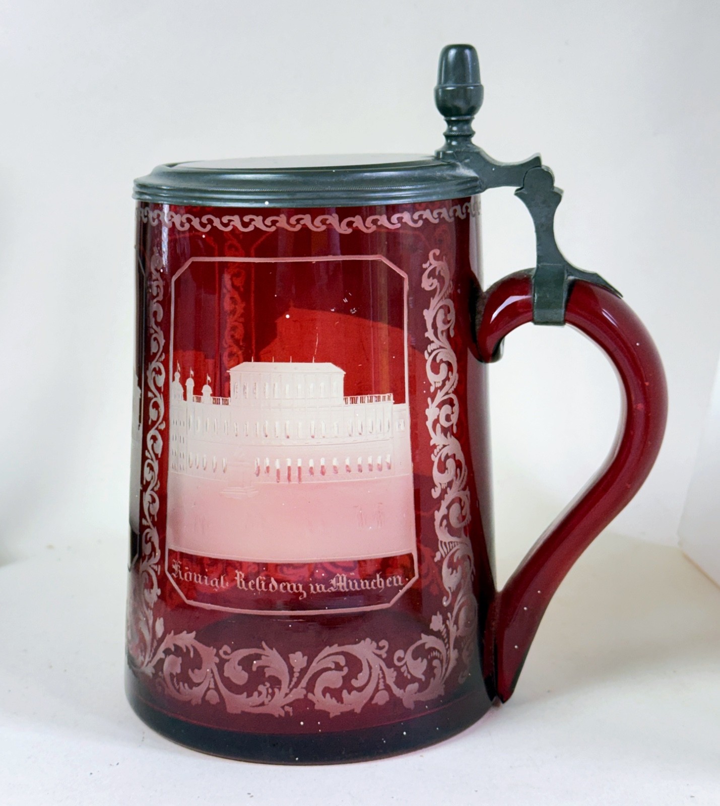 Antique 19th century Bohemian ruby flashed glass beer stein -Pinakothek, Munich