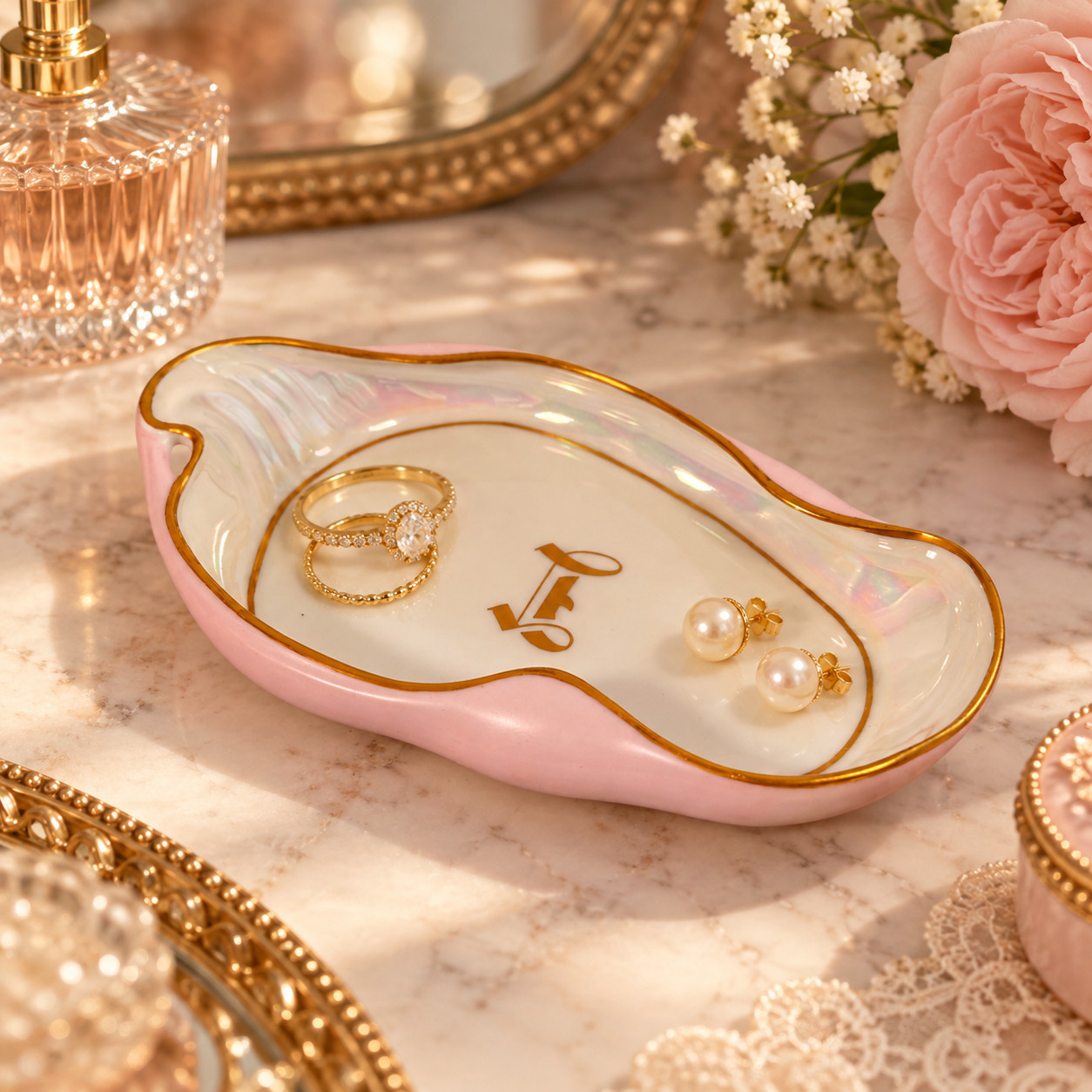 Vintage Limoges Pink Porcelain Trinket Tray Iridescent Gold Trim Monogram L 8\