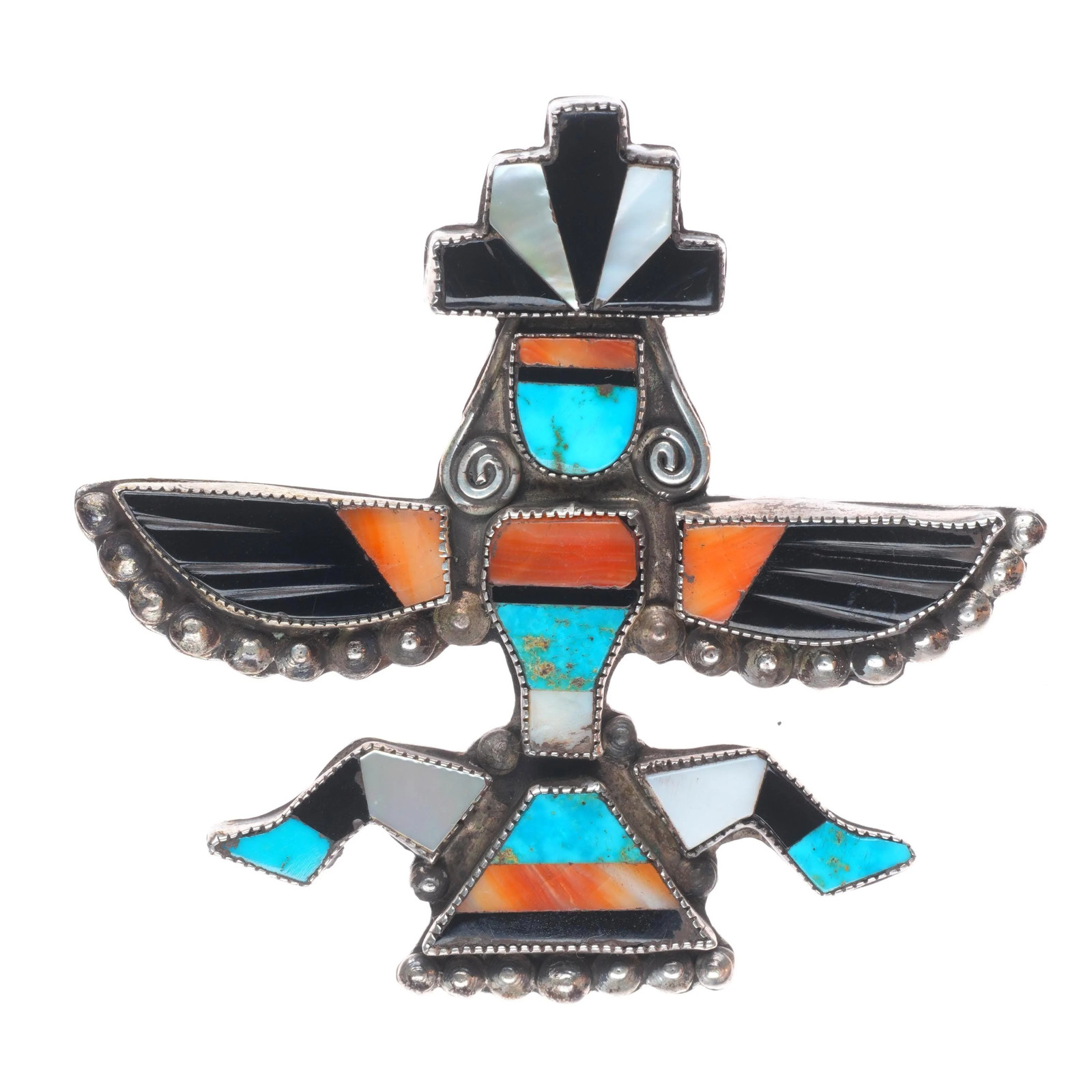 Large 1940\'s Zuni carved wings spiny oyster/turquoise knifewing pin/brooch