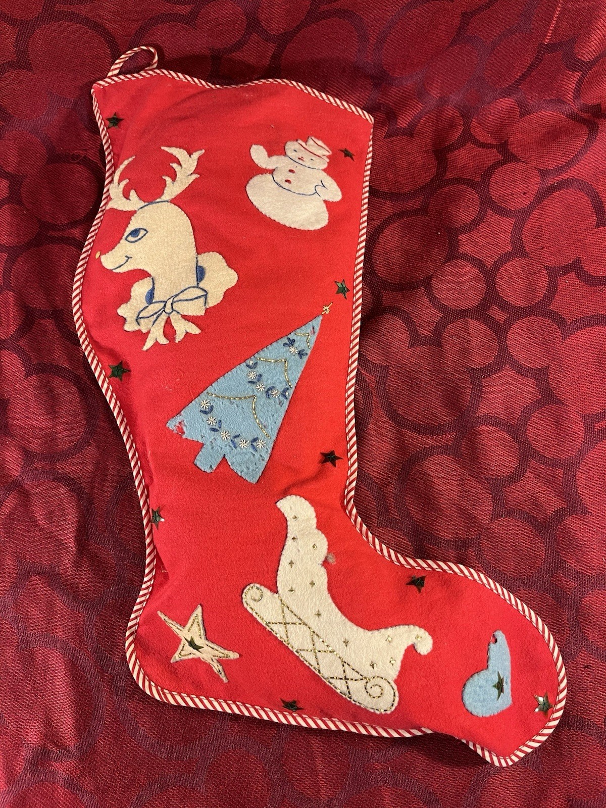 Vintage Felt Christmas Stocking Rudolf Frosty 21 x 7.5\