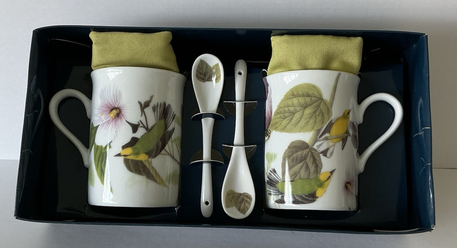 I  Godinger Audubon 2 Fine Porcelain Mugs Matching Spoons, Blue Winged Warbler