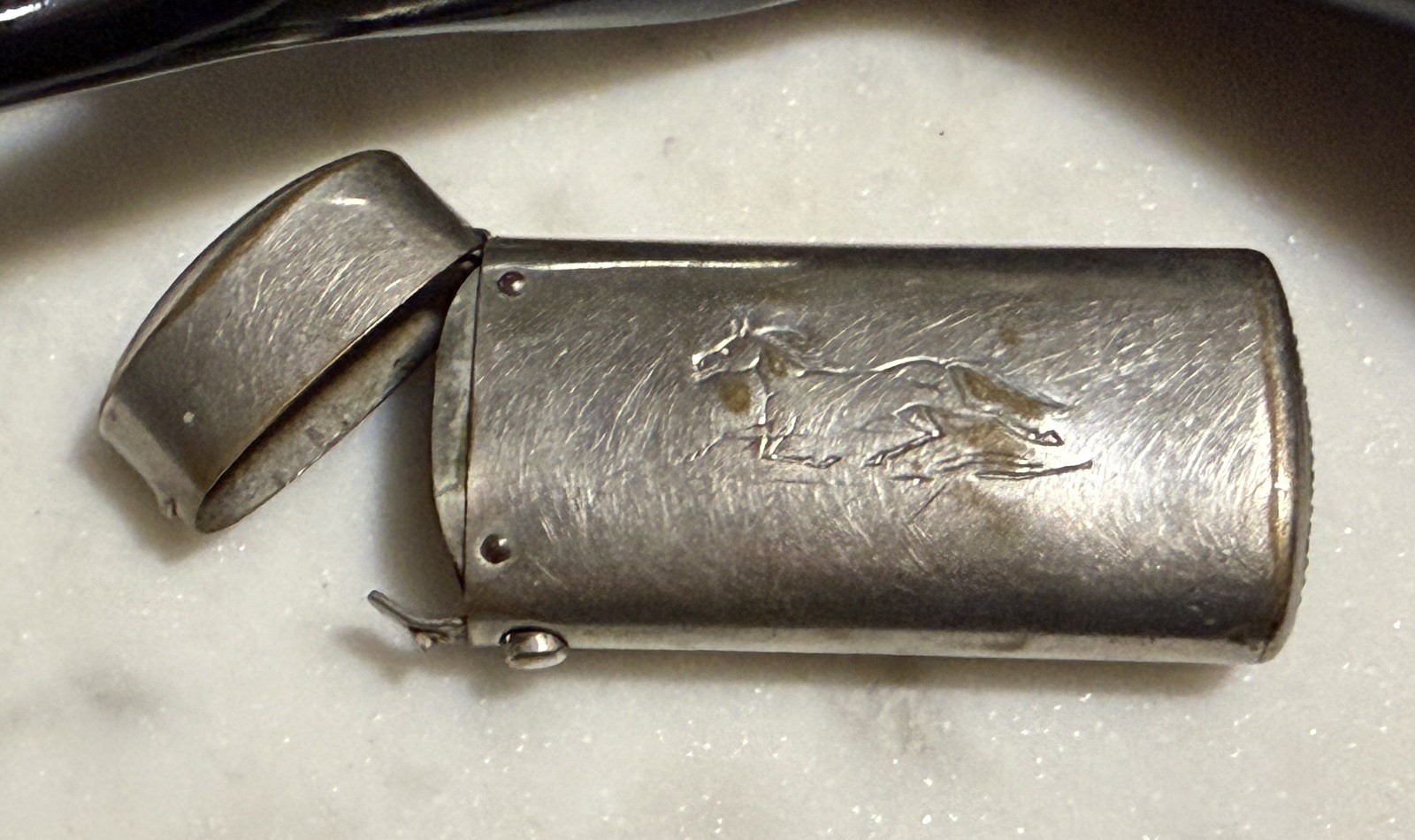 Antique Civil War Era Brass Pocket Match Safe Holder Engraved Running Horse 3”