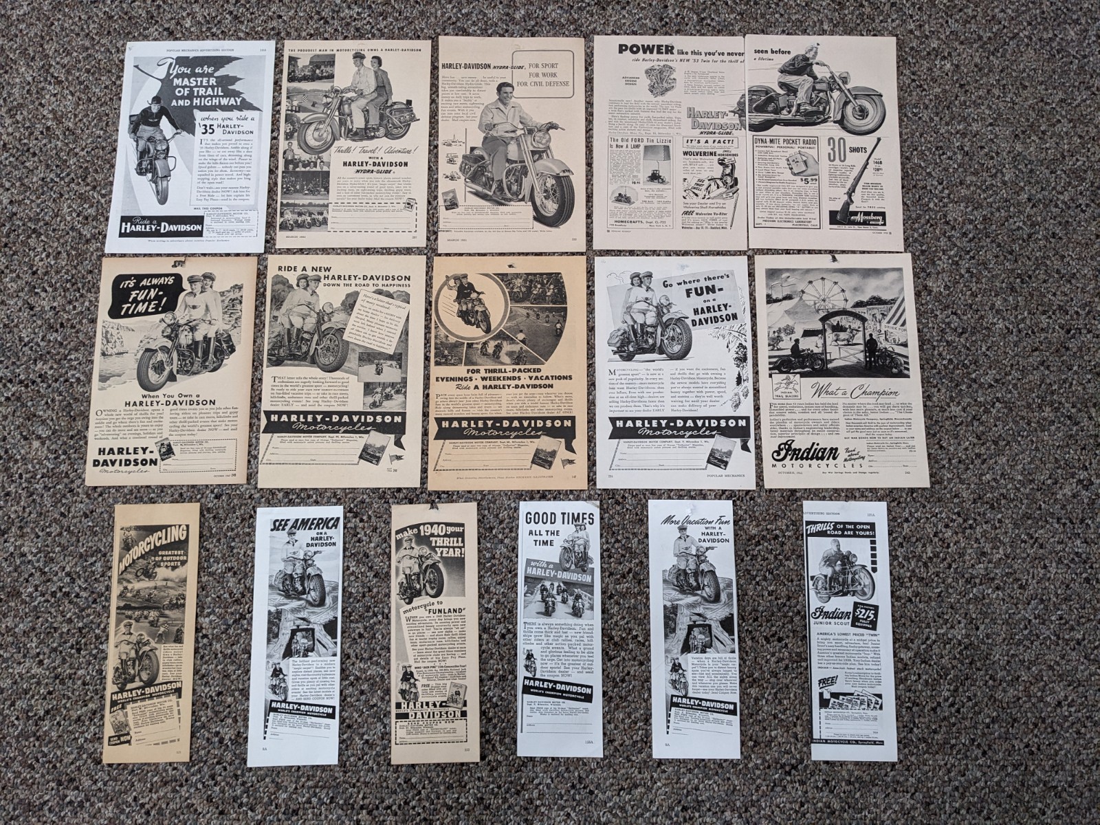 Vintage 1930-40-50s Motorcycle Ads for Harley Davidson and Indian