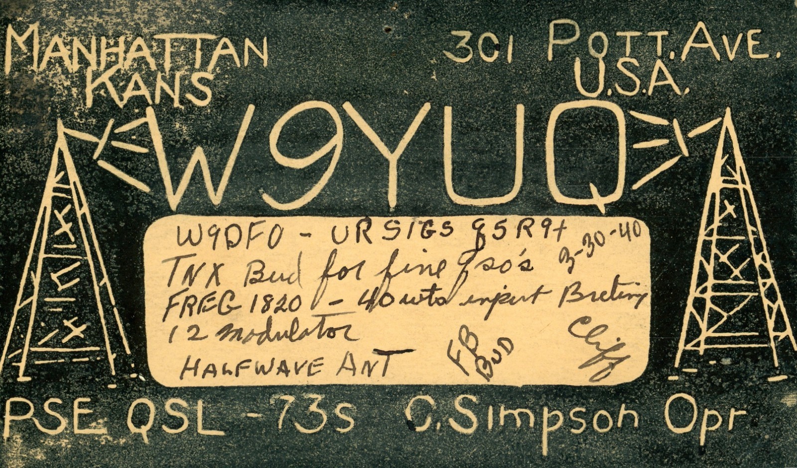 Vintage Amateur Radio QSL Postcard, 1940, W9YUQ, Manhattan, KS, Scott #UX27 Vintage Amateur Radio QSL Postcard, 1940, W9YUQ, Manhattan, KS, Scott #UX27
