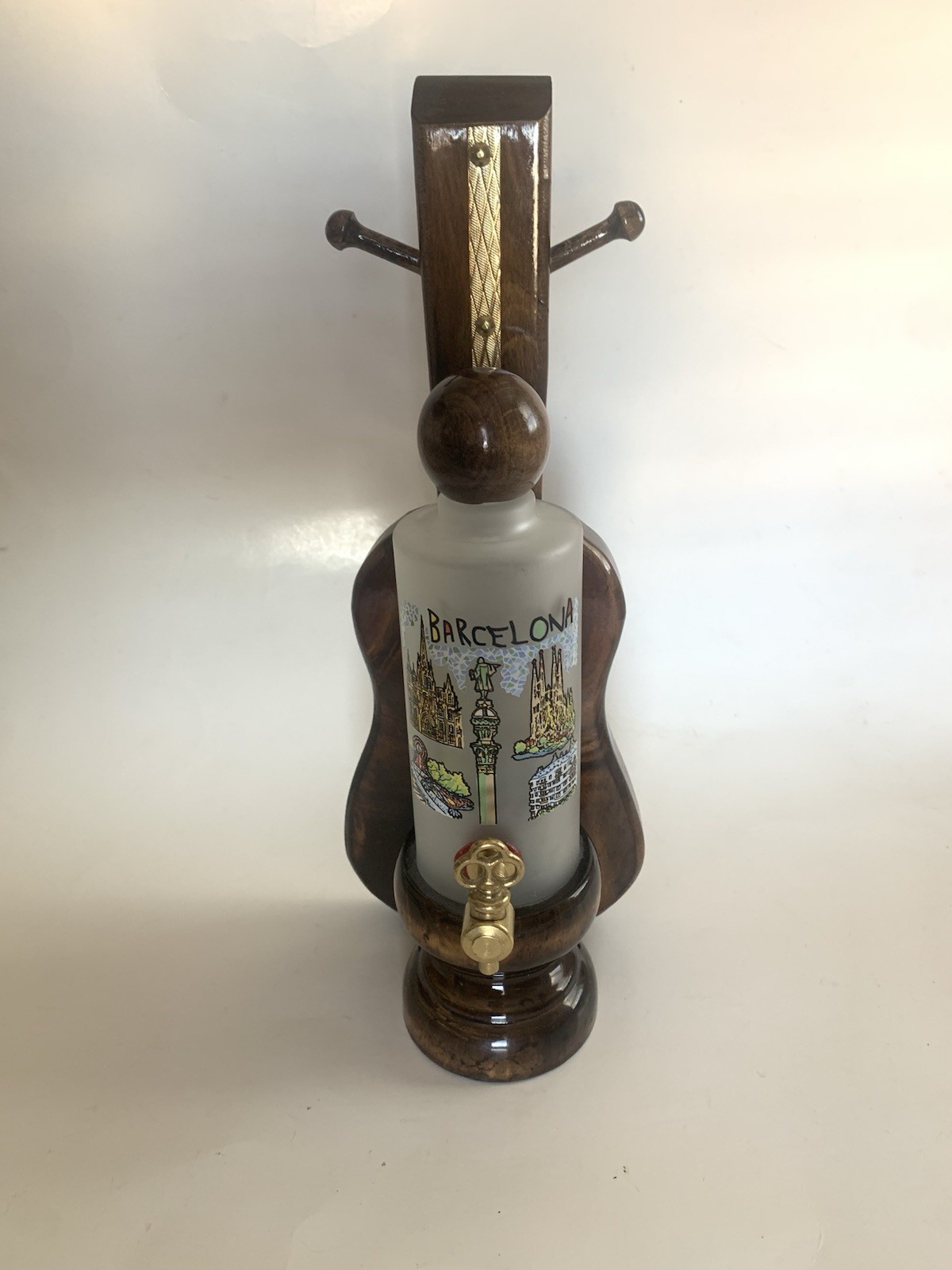 Vintage Barcelona Wood Spout Bottle Bar Brass Trim Pour Art Decor Souvenir Gift