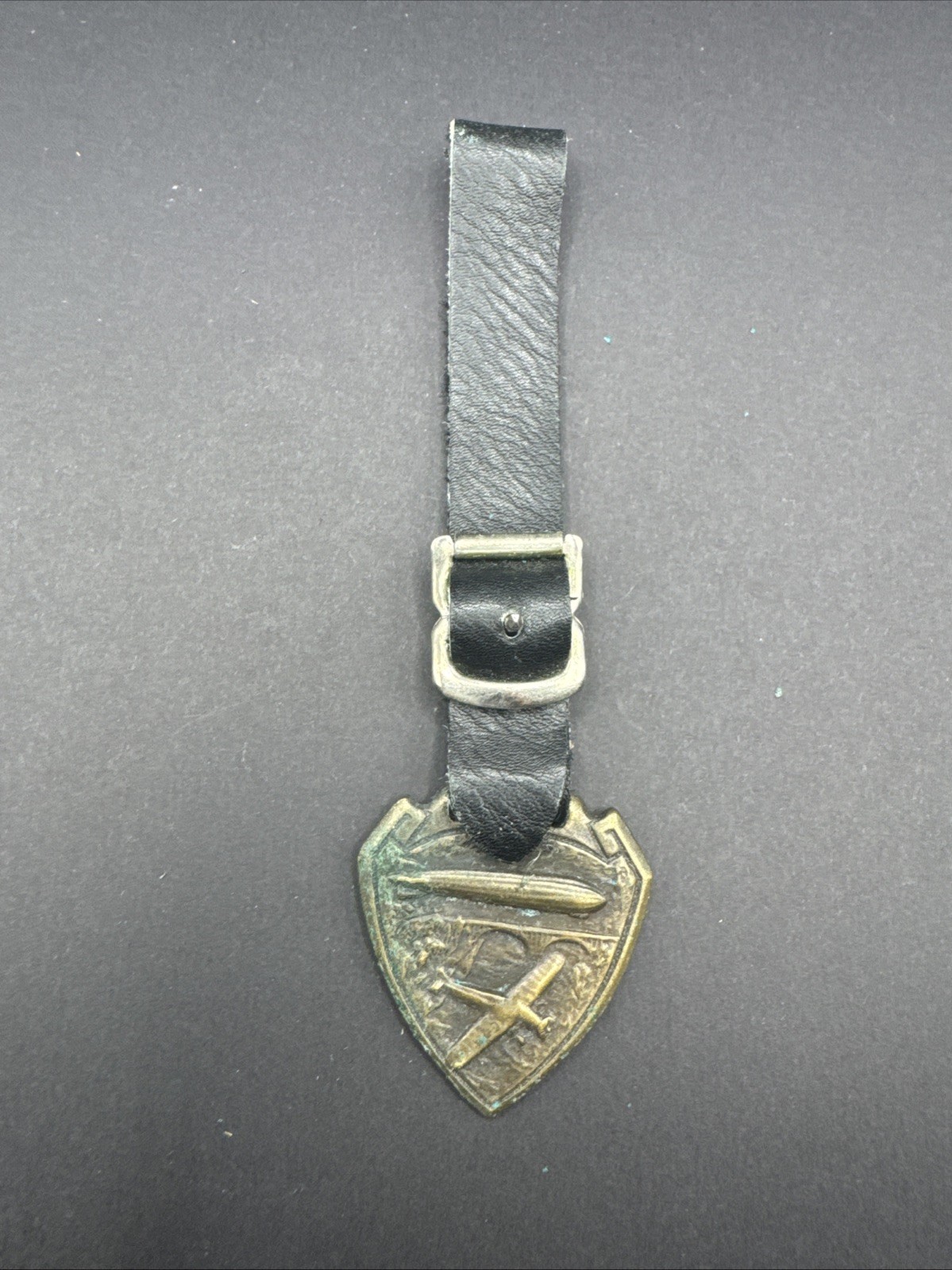 OLD c.1918 WW1 Vintage Brass Zeppelin Airship + Airplane Brass Watch Fob B4B