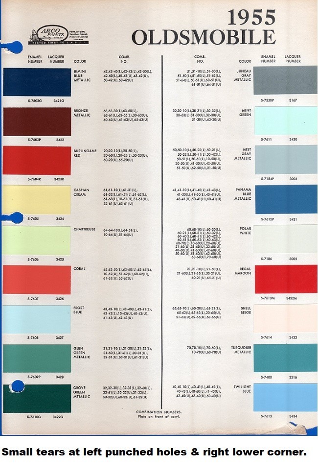 1955 OLDSMOBILE Automobile Paint Chip Colors - VERY GOOD